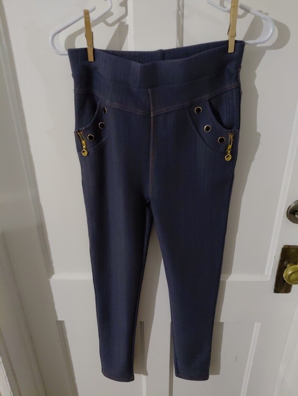 High-Waist Navy Blue Ponte Leggings with Gold Zip Details